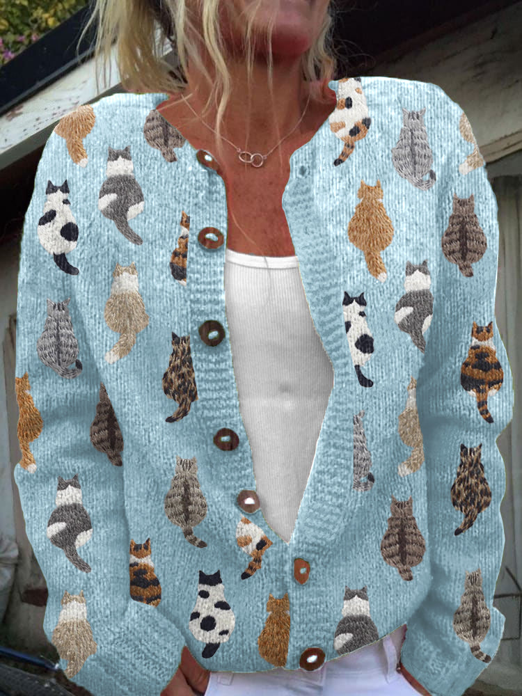 Verolyn - Cosy Cat Print Knit Cardigan