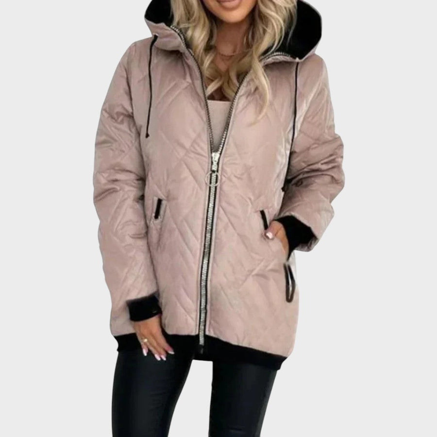 Marilyn™ quilted hooded zip-front jacket by THE WHITMORE FAMILY, shown with a front view featuring quilting and a hood.