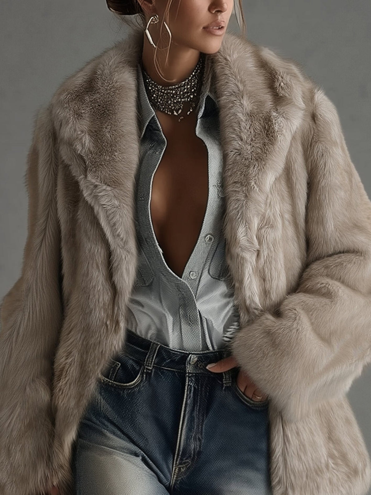 24-Hour-Shipping Soft Taupe Faux Fur Oversized Long Sleeve Coat