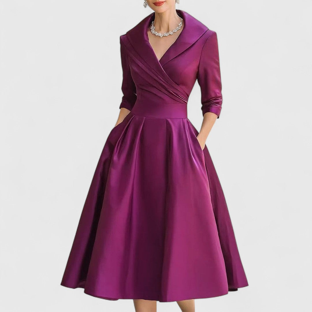 Teresa | Shawl-collar midi dress with full A-line skirt
