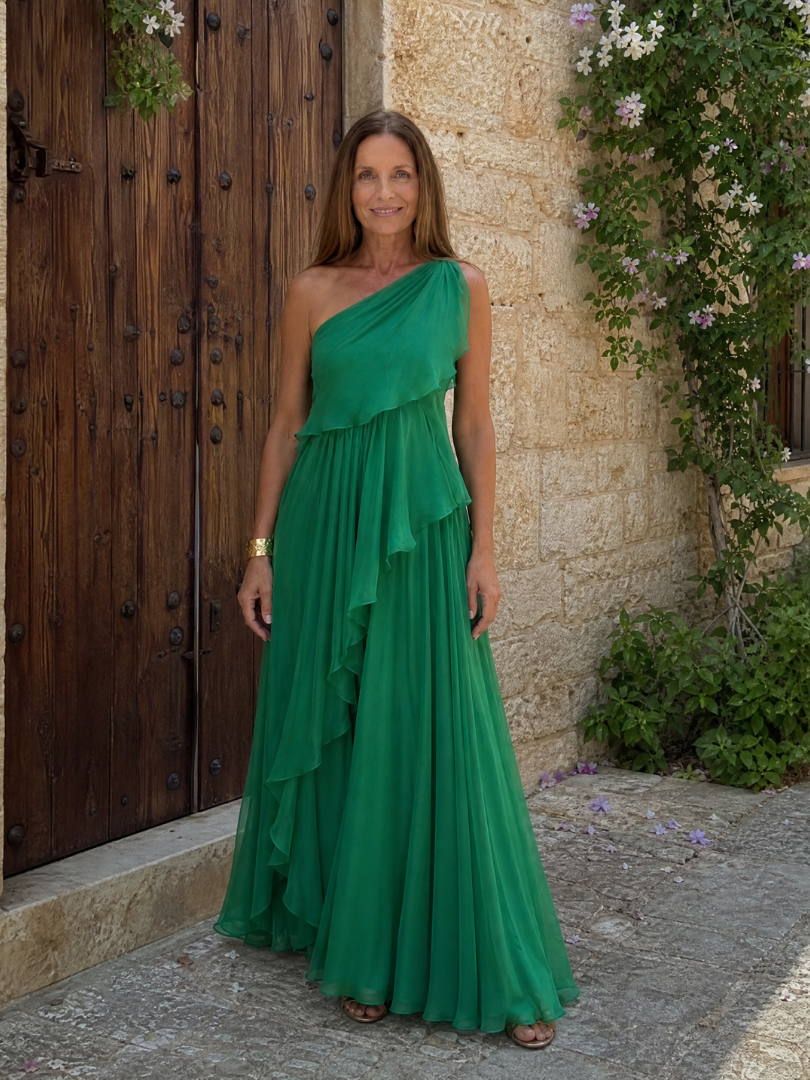 Talia cascading ruffle maxi dress by THE WHITMORE FAMILY, flowing fabric with layered ruching and elegant design.