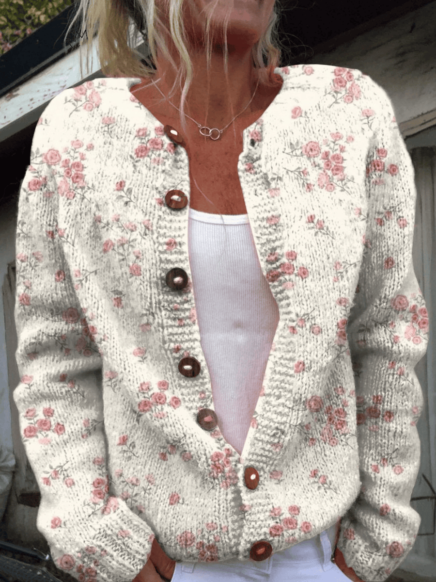 Evanthea™ vintage floral cardigan sweater with colorful floral pattern, long sleeves, and ribbed cuffs, designed by THE WHITMORE FAMILY.