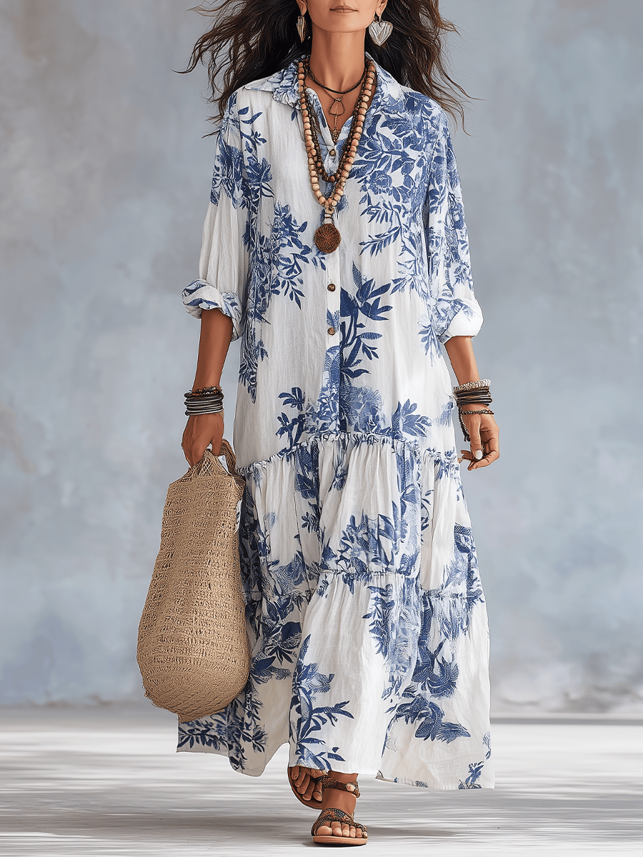 Dahlia™ bohemian blue floral tiered maxi dress with button-down front, featuring flowing fabric and boho-inspired style.