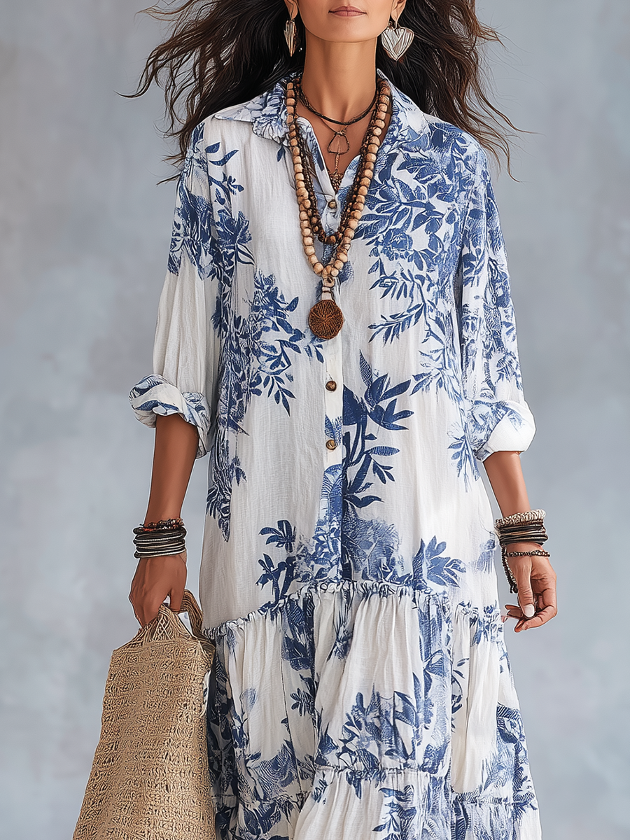 Dahlia™ | Bohemian Blue Floral Tiered Maxi Dress with Button-Down Detail
