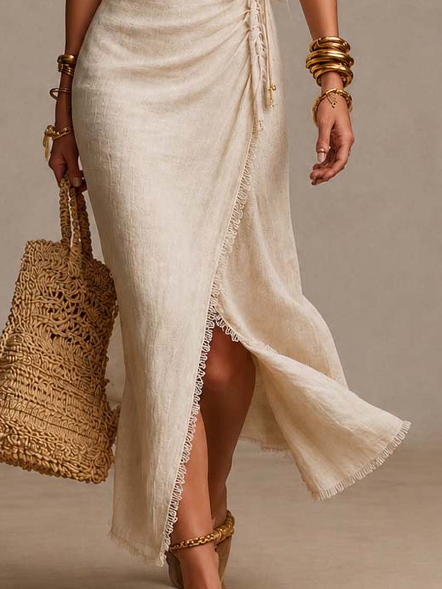 Clémence | Midi Dress in Natural Linen with Crossed Neckline and Lace
