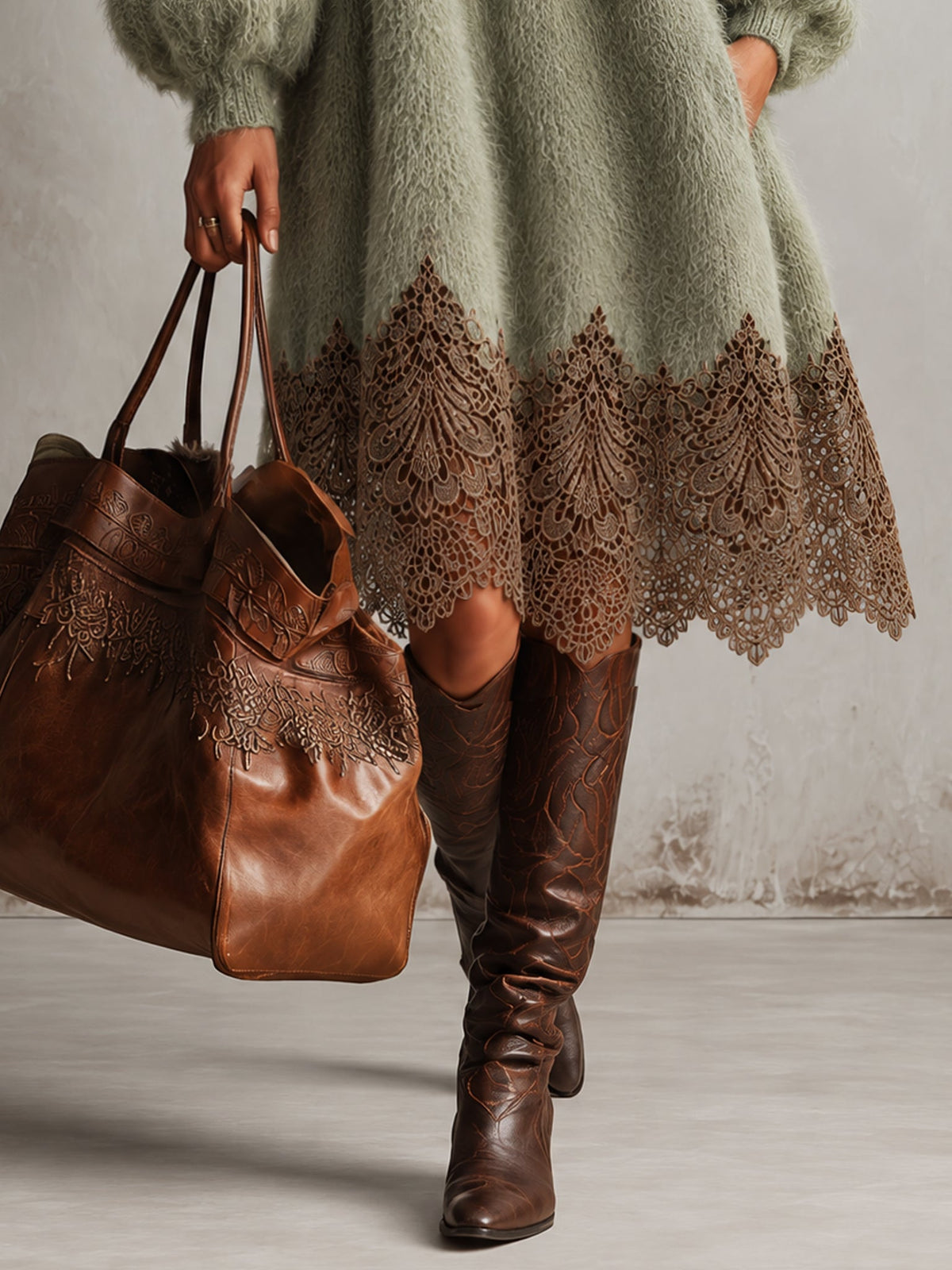 Sage Green Oversized Faux Mink Knit Midi Dress With Brown Lace Hem