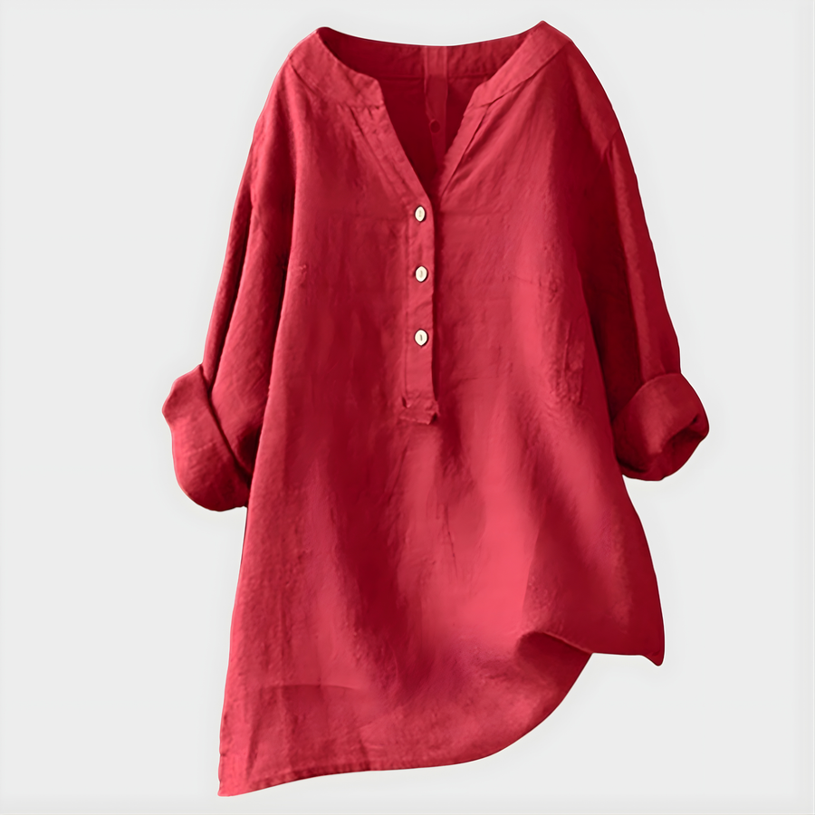 Elegant Veronique™ cotton-linen V-neck blouse by THE WHITMORE FAMILY, shown in natural fabric and stylish fit.