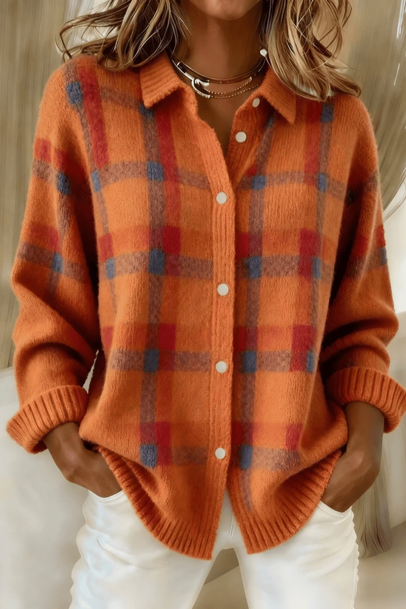 Camille™ plaid cardigan by THE WHITMORE FAMILY, featuring a cozy knit fabric with a classic plaid pattern and button closure.