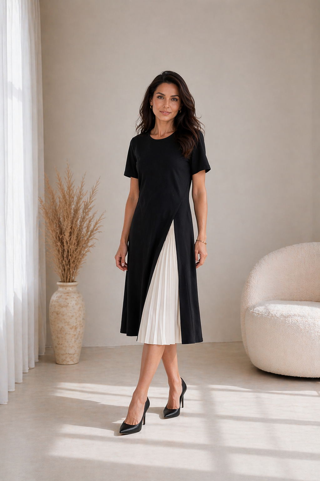 ELVENA™ | Pleated Panel Midi Dress
