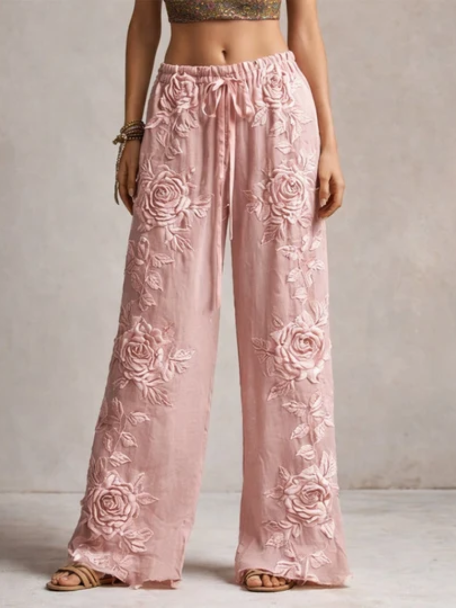 Denae™ embroidered wide-leg pants by THE WHITMORE FAMILY, beige casual pants with embroidered detail and relaxed fit.