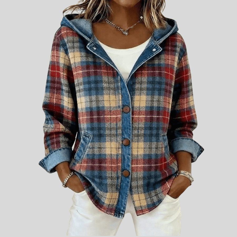 Hildred™ hooded plaid shacket by THE WHITMORE FAMILY, featuring a cozy plaid design with a hood and button front.