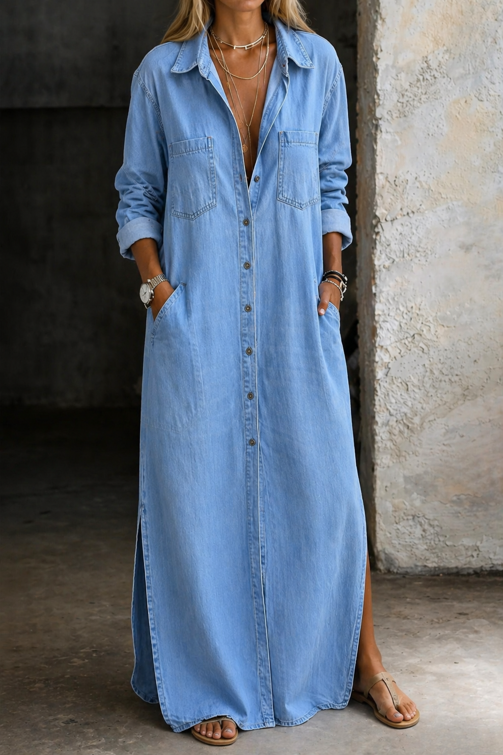 Andrea denim button-down dress by THE WHITMORE FAMILY, featuring a classic blue denim fabric and button-front design.