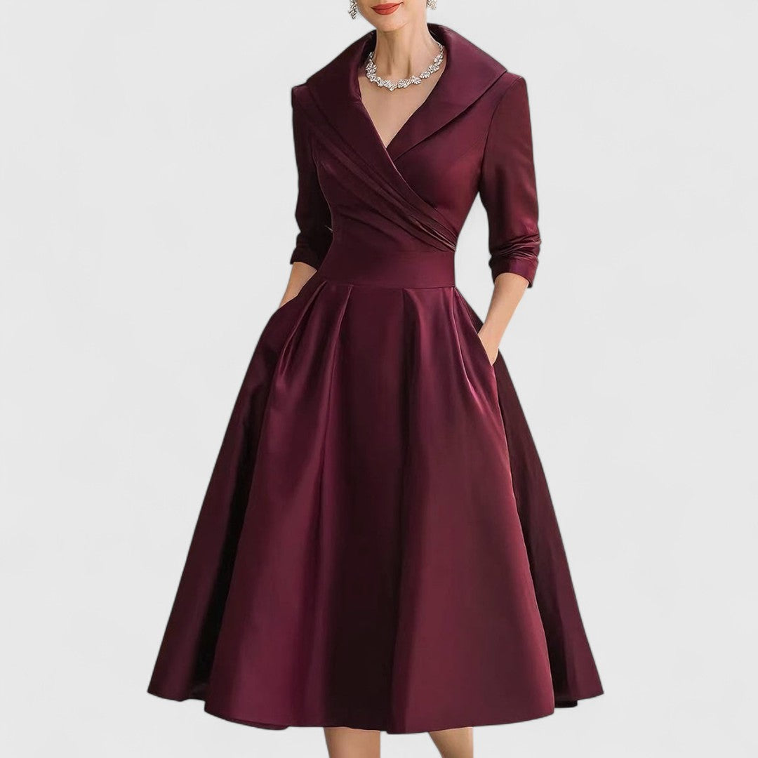 Teresa | Shawl-collar midi dress with full A-line skirt