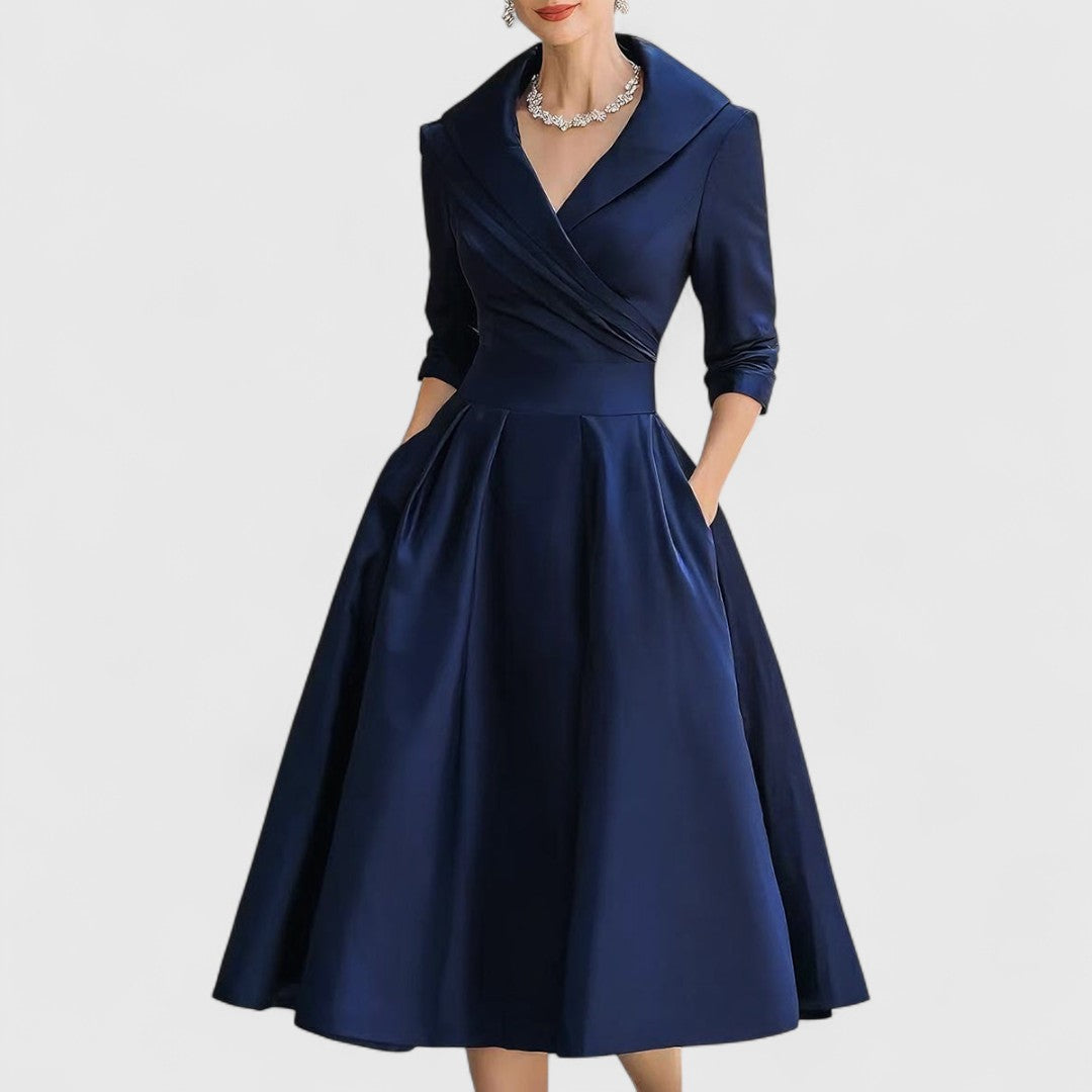 Teresa | Shawl-collar midi dress with full A-line skirt