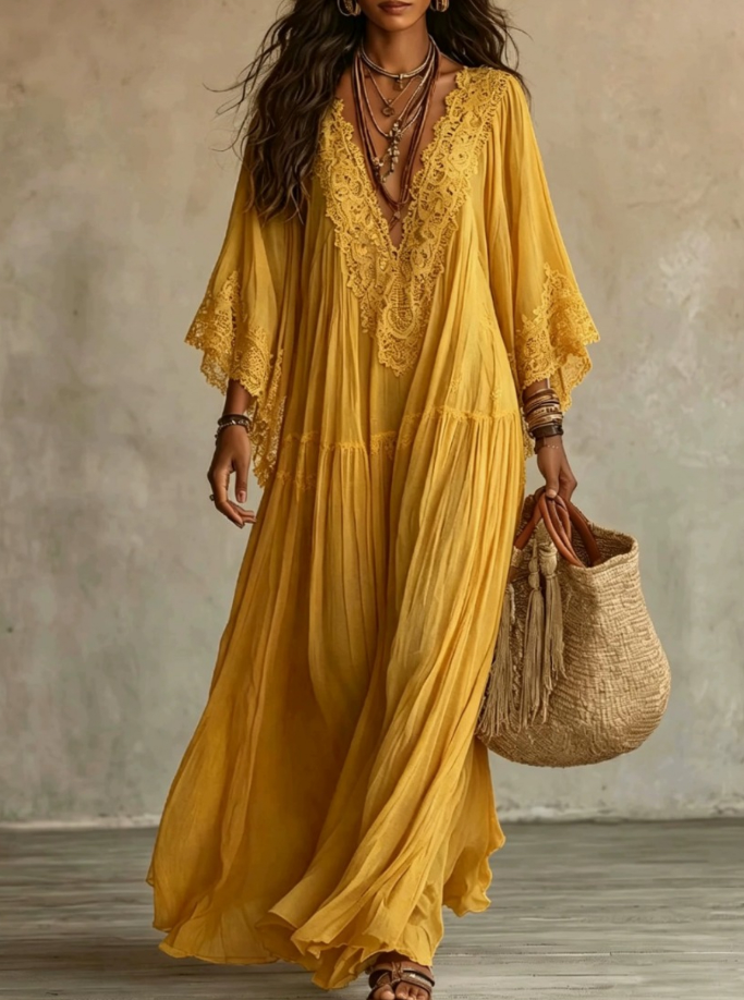 Celeste | Long Ivory Chiffon and Lace Dress