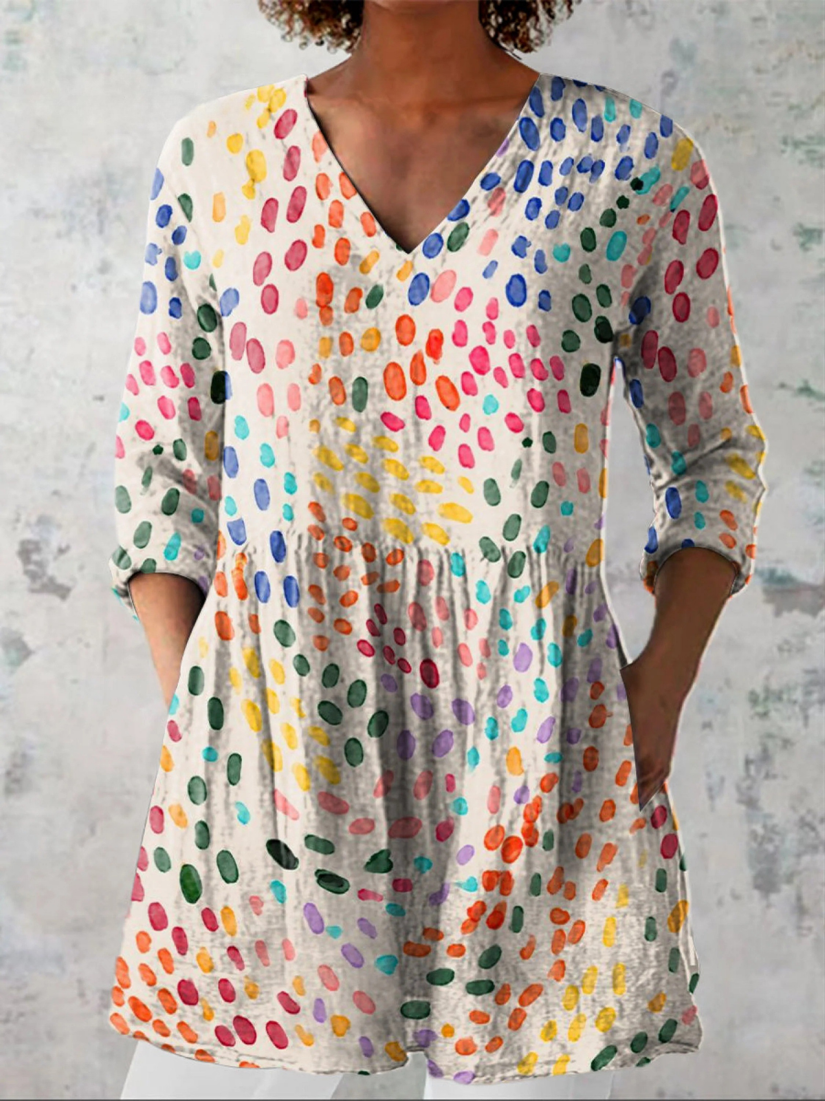Pauline long blouse with V-neck by THE WHITMORE FAMILY, featuring lightweight fabric and stylish design perfect for casual wear.