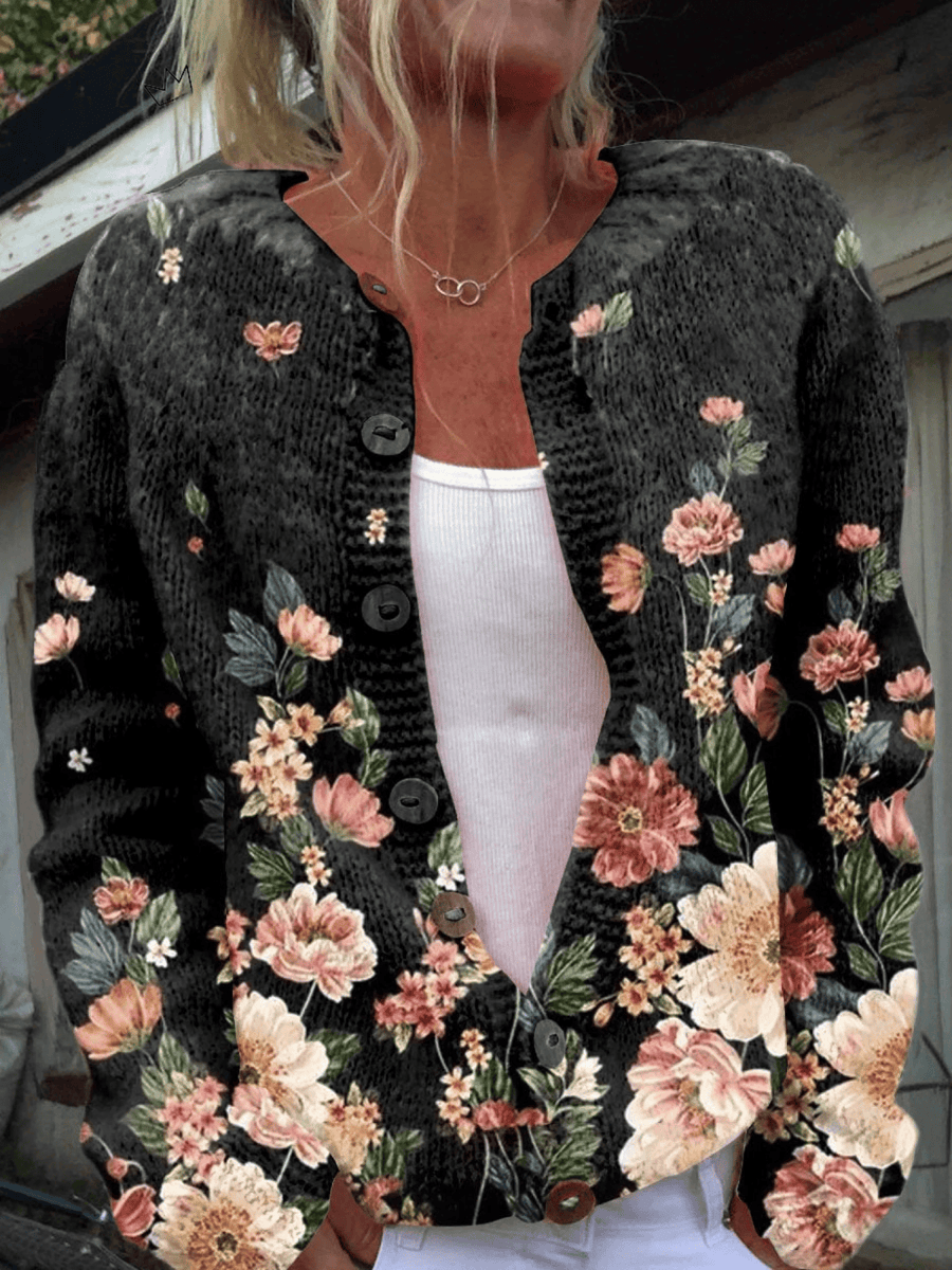 Kivara™ vintage floral cardigan by THE WHITMORE FAMILY, featuring colorful floral patterns and cozy knit fabric.