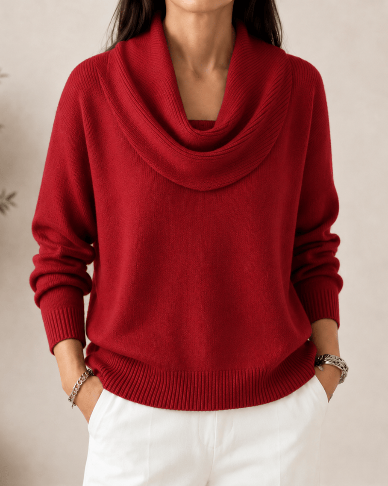 Caralina™ elegant cowl neck knit jumper by THE WHITMORE FAMILY, featuring a cozy, stylish design in soft fabric.