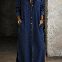 Andrea denim button-down dress by THE WHITMORE FAMILY, featuring a classic fit with front button closure and casual style.