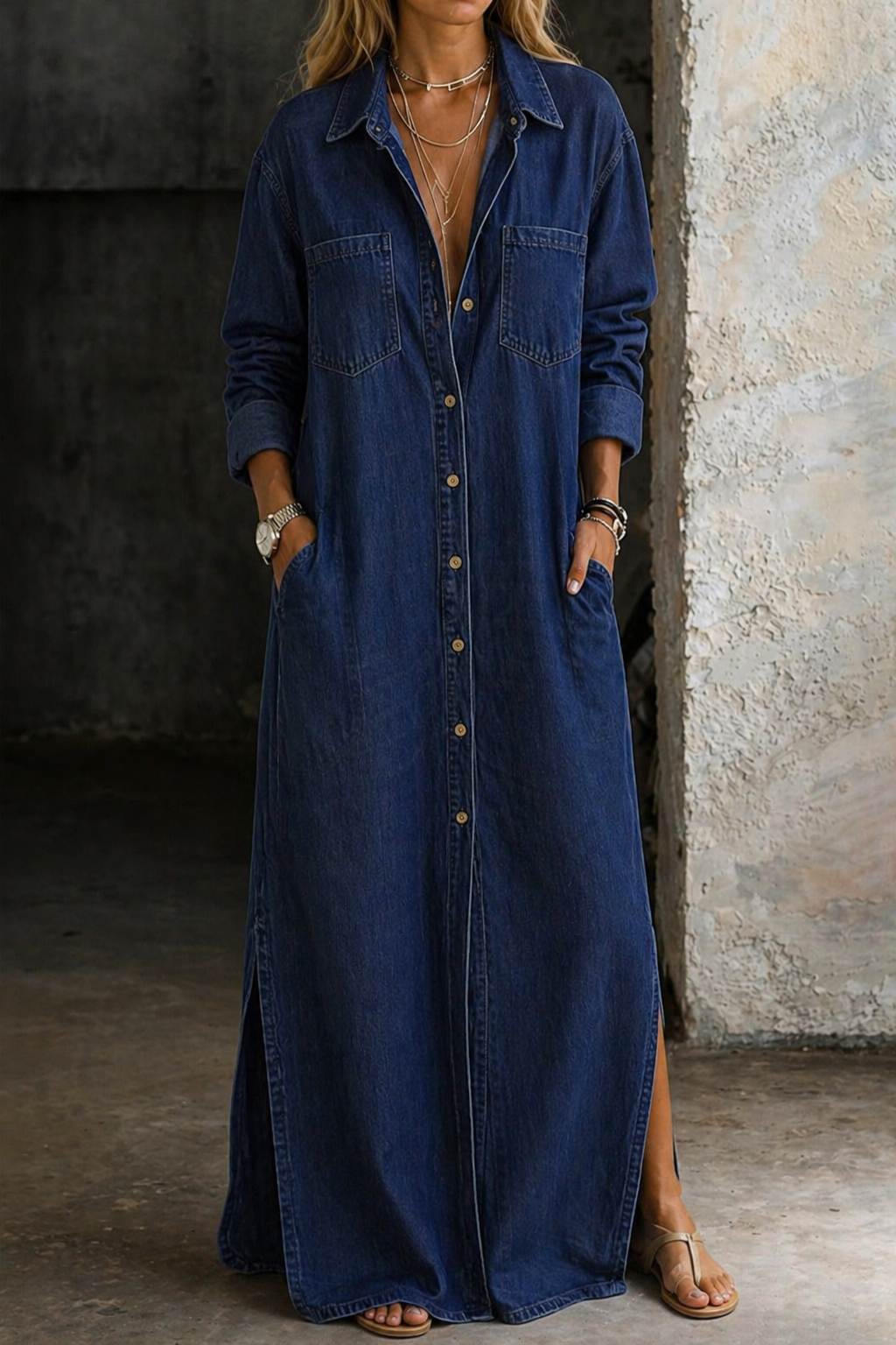 Andrea denim button-down dress by THE WHITMORE FAMILY, featuring a classic fit with front button closure and casual style.