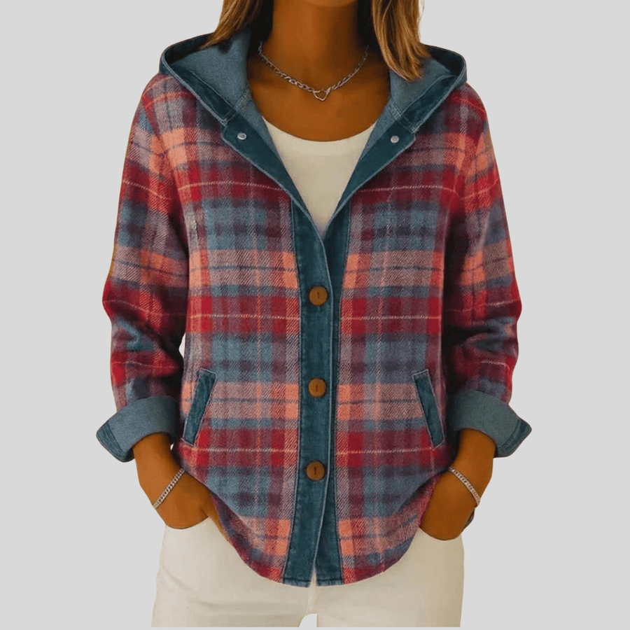 Kellaway™ Hooded Plaid Shacket by THE WHITMORE FAMILY, front view showing classic plaid pattern, hood, and button closure.