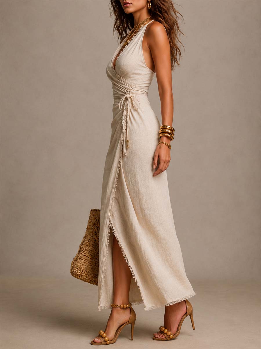 Clémence | Midi Dress in Natural Linen with Crossed Neckline and Lace
