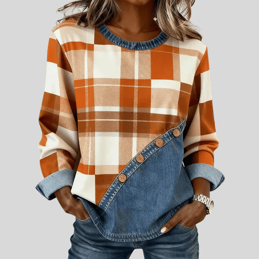 Faylen™ Patchwork Pullover Top by THE WHITMORE FAMILY, featuring colorful patchwork design and cozy knit fabric.