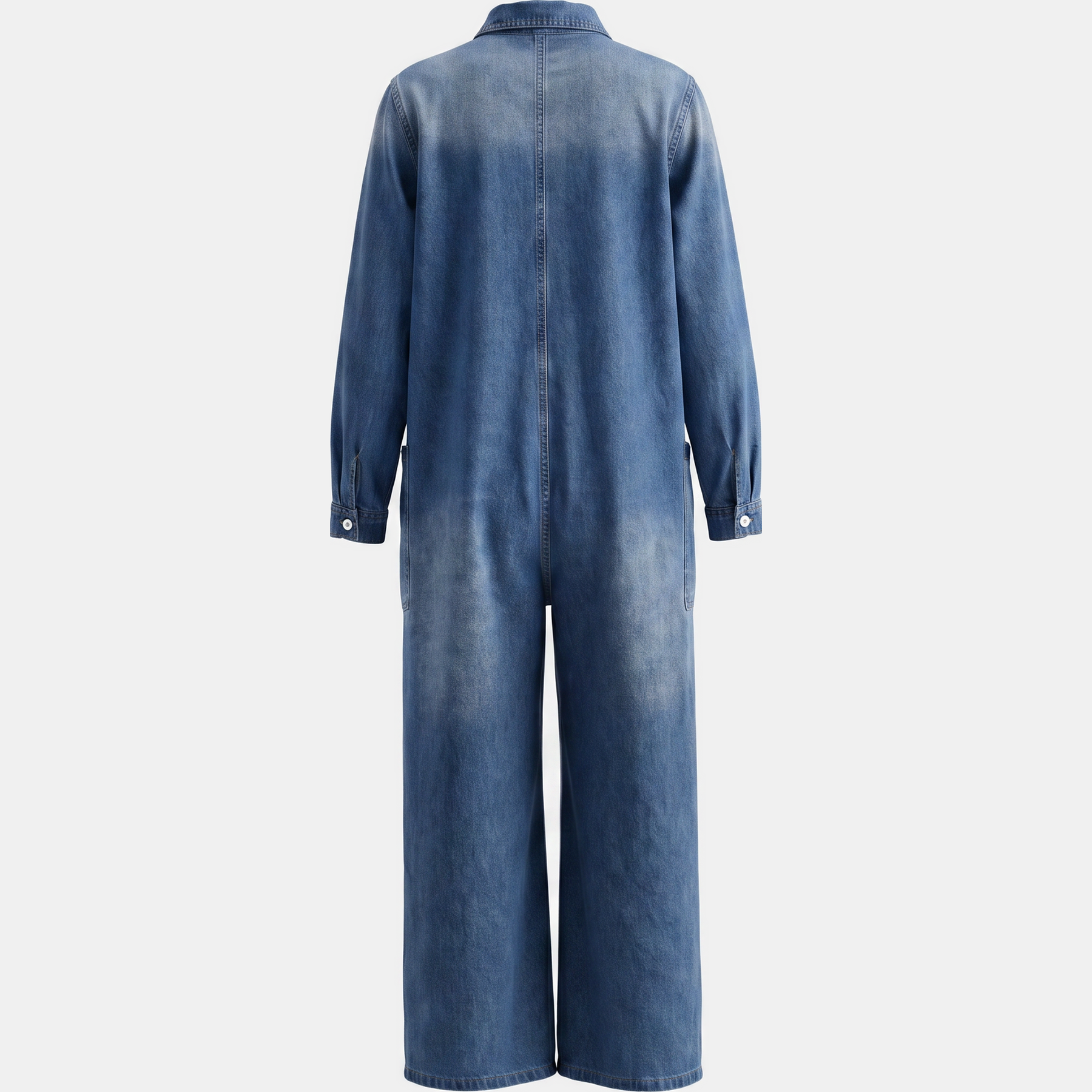 Women's Wide Leg Button Front Washed Denim Jumpsuit
