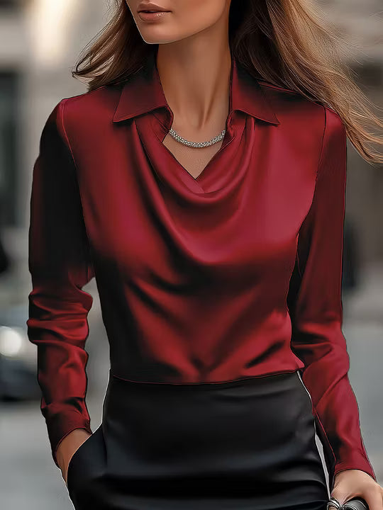 Adriana - Elegant White Satin Blouse with Draped Neckline