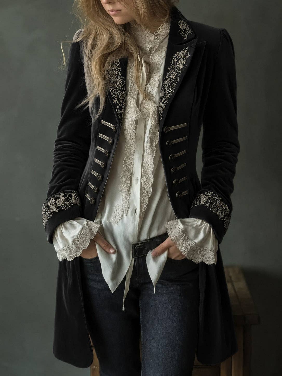 Pink Embroidered Velvet Longline Blazer