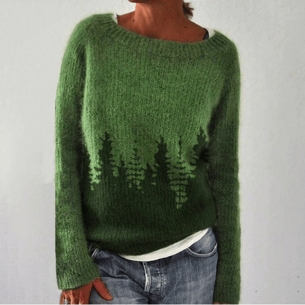 Brooklyn Retro Scandinavian knitted sweater by THE WHITMORE FAMILY, showing detailed knit pattern and cozy fit in natural light.
