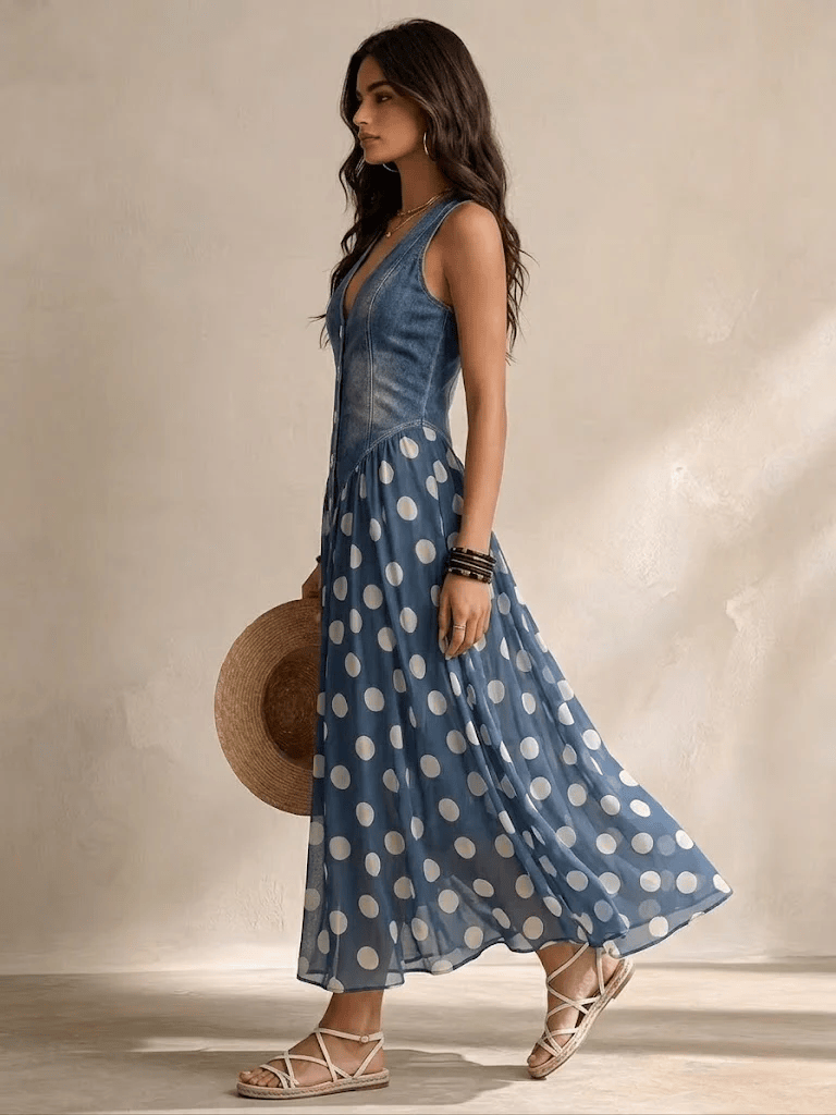 Brianna midi chiffon dress with polka-dot pattern by THE WHITMORE FAMILY, featuring a flowing fabric and stylish design.