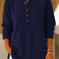 Button Henley sweater for women by THE WHITMORE FAMILY featuring a casual, long-sleeve tunic with button details and comfortable fit.