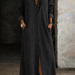 Andrea denim button-down dress by THE WHITMORE FAMILY featuring a casual fit, long sleeves, and front button closure.