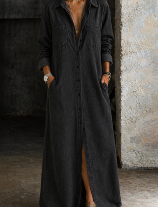 Andrea denim button-down dress by THE WHITMORE FAMILY featuring a casual fit, long sleeves, and front button closure.
