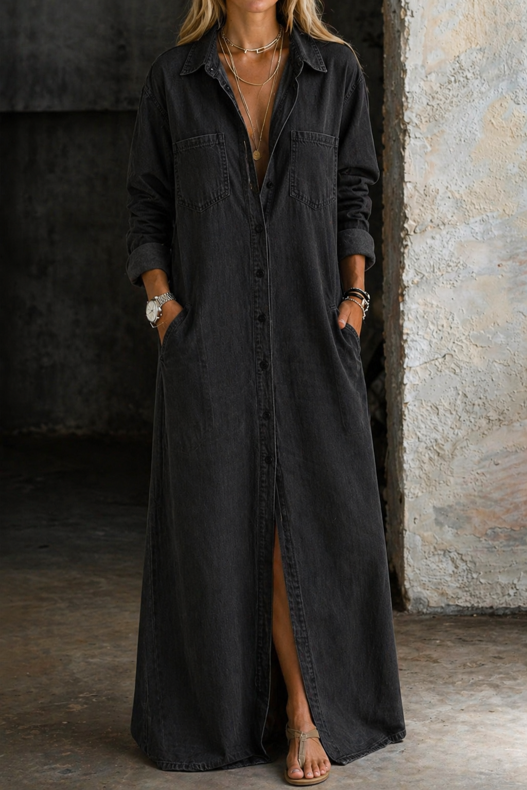 Andrea denim button-down dress by THE WHITMORE FAMILY featuring a casual fit, long sleeves, and front button closure.