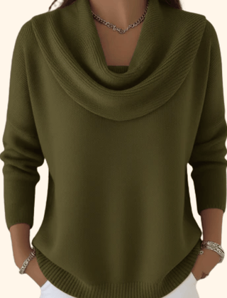 Women’s cowl neck sweater by THE WHITMORE FAMILY featuring a cozy knit design and relaxed fit, perfect for casual wear.