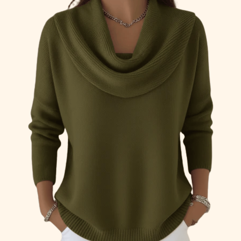 Women’s cowl neck sweater by THE WHITMORE FAMILY featuring a cozy knit design and relaxed fit, perfect for casual wear.