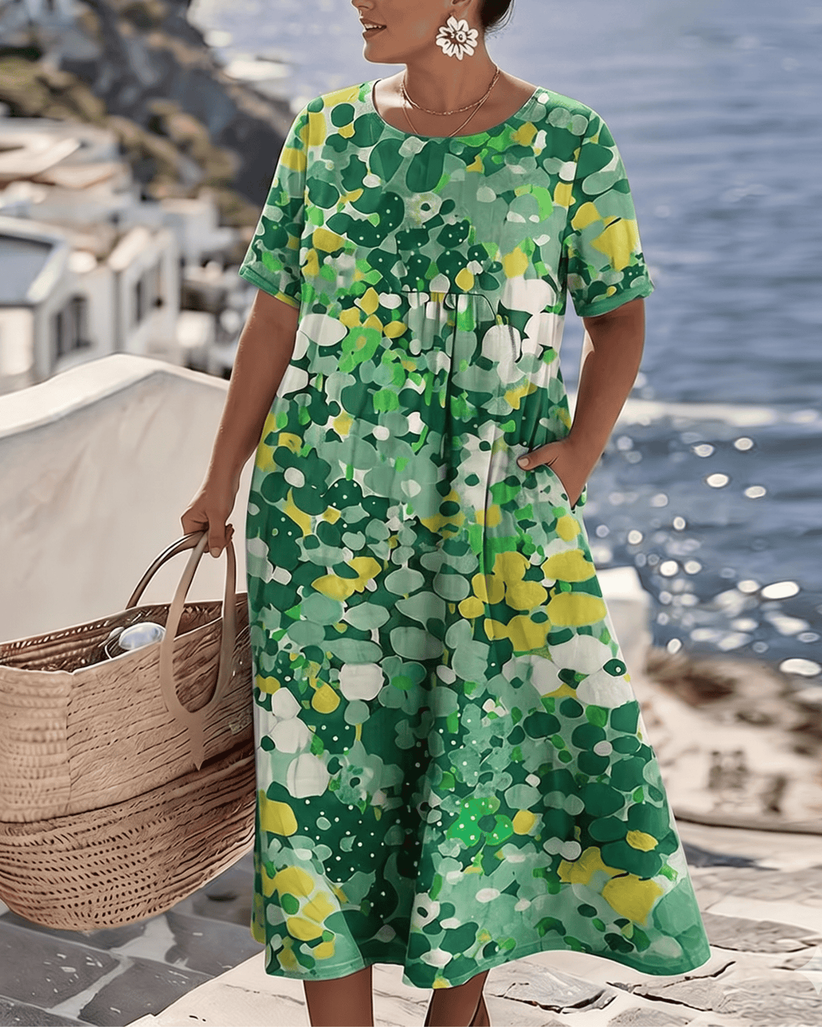 Elegant floral summer midi dress from THE WHITMORE FAMILY, featuring a flowing design and vibrant flower pattern.