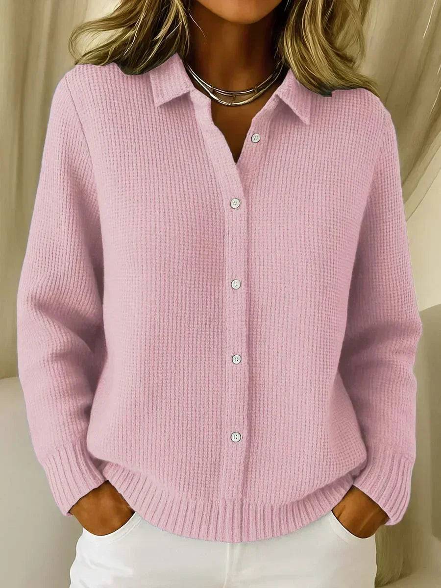 Camille™ textured knit button-up cardigan from THE WHITMORE FAMILY, shown in a close-up of the soft, patterned fabric.