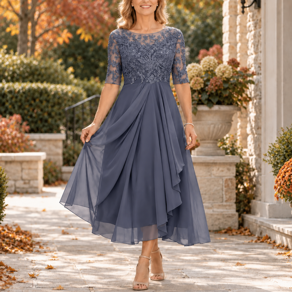 Avi | Lace Bodice Draped Midi Dress