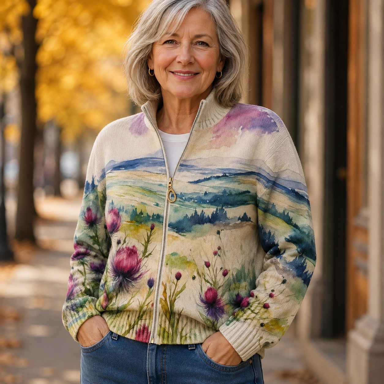 ZELDA | SCOTTISH THISTLE ZIP CARDIGAN FOR WOMEN