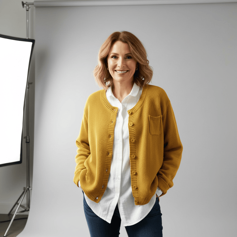 Berlinda™ Cozy Knit Cardigan by THE WHITMORE FAMILY, beige knit sweater with front pockets and button closure, casual and comfortable style