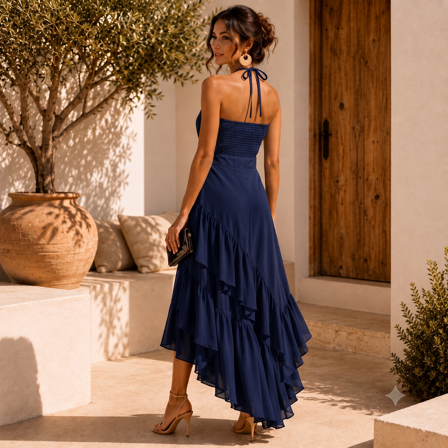Elegant Carla™ asymmetric hem dress by THE WHITMORE FAMILY, showcasing a stylish dress with a unique hemline and sophisticated fit.
