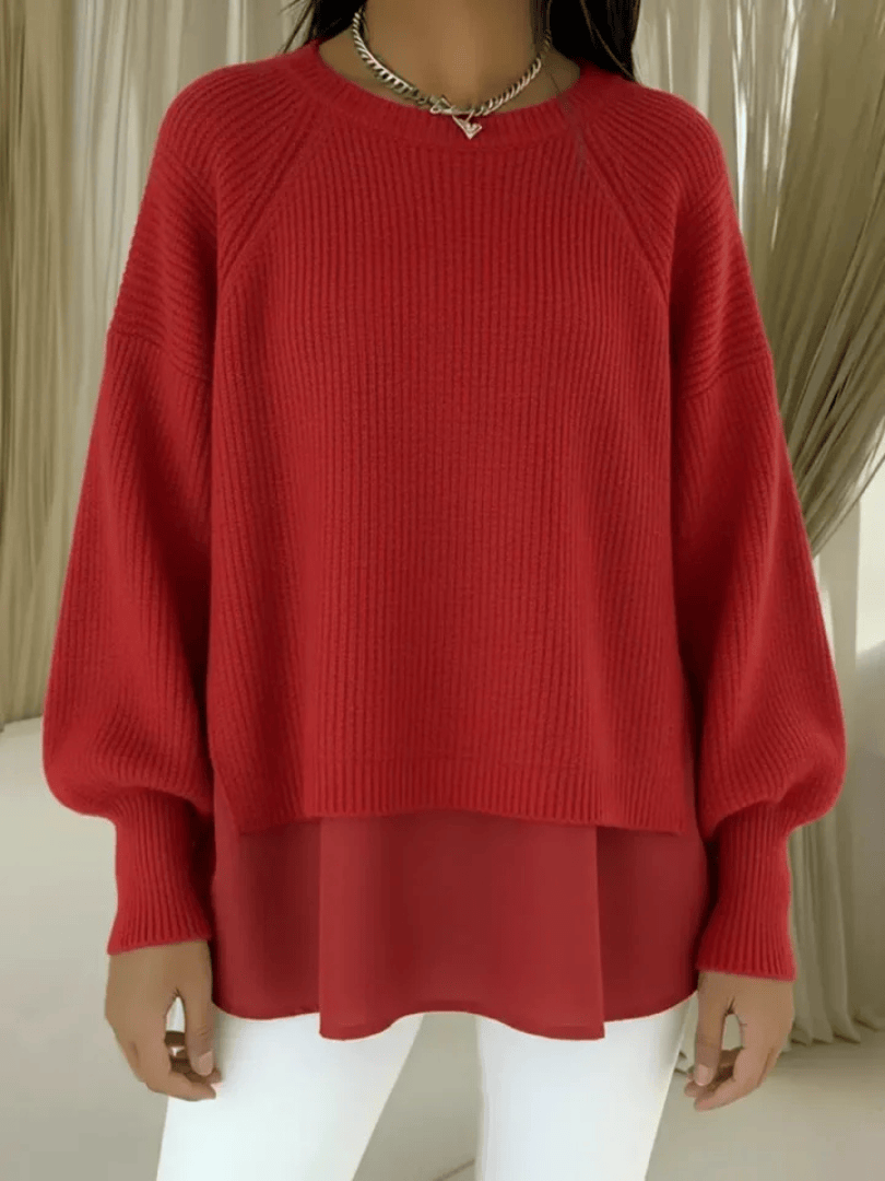 Kestlyn layered-look sweater by THE WHITMORE FAMILY featuring a cozy, multi-texture design in neutral tones.