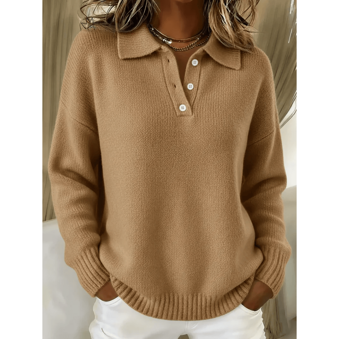 Soft beige women's sweater from THE WHITMORE FAMILY, cozy comfort jumper with a relaxed fit and ribbed cuffs.