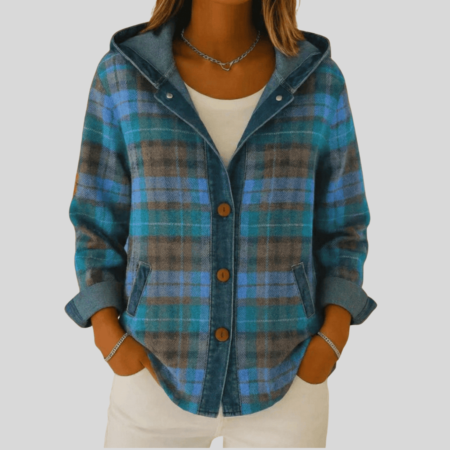 Bevlyn™ hooded plaid shacket by THE WHITMORE FAMILY featuring a cozy plaid pattern and a hood for casual layered style.