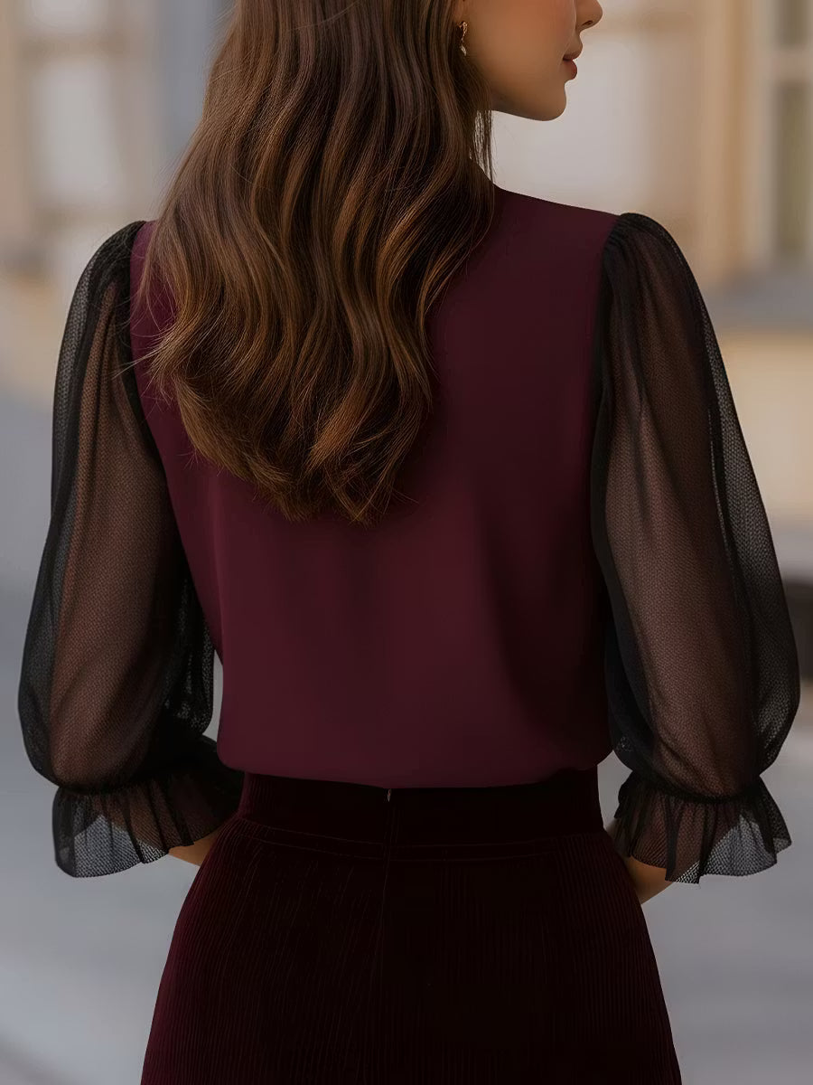 Valora - Sheer Puff Sleeve Button-Up Blouse