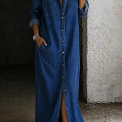 Andrea denim button-down dress by THE WHITMORE FAMILY, front view showing classic collar, button details, and casual fit.