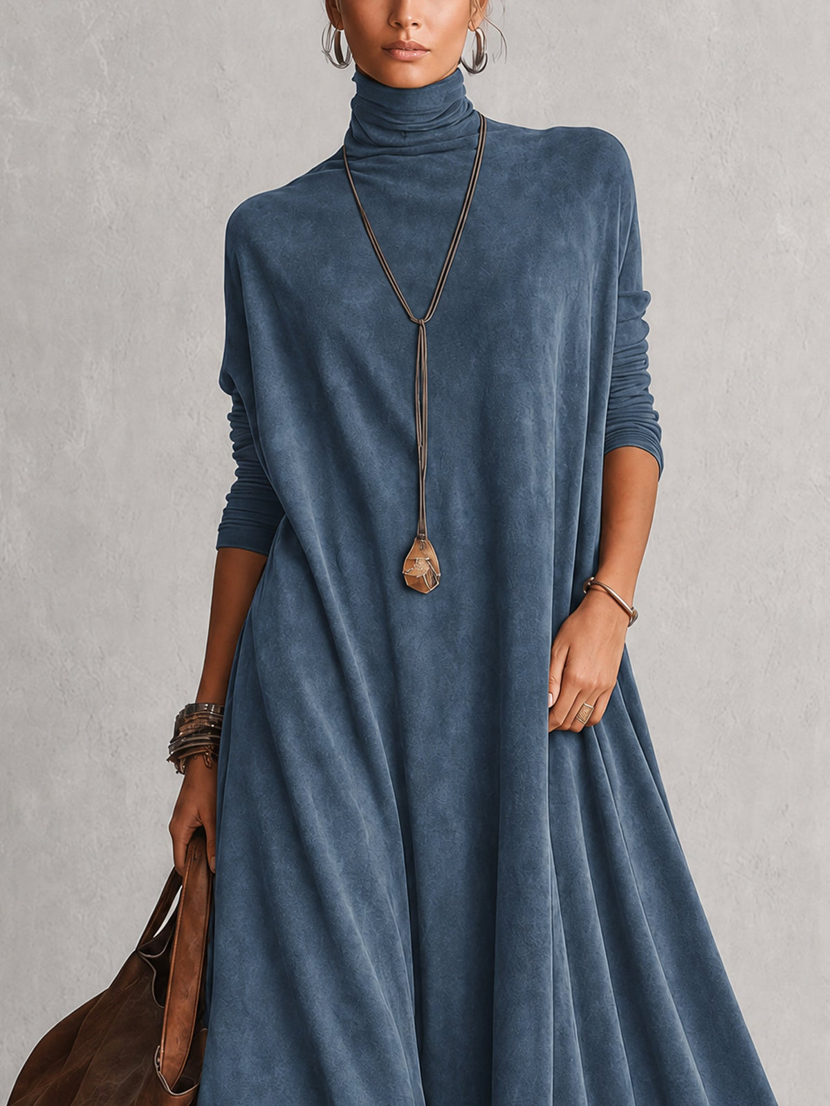 Vintage Brown Suede Feel Long Sleeve Lace Hem Maxi Dress